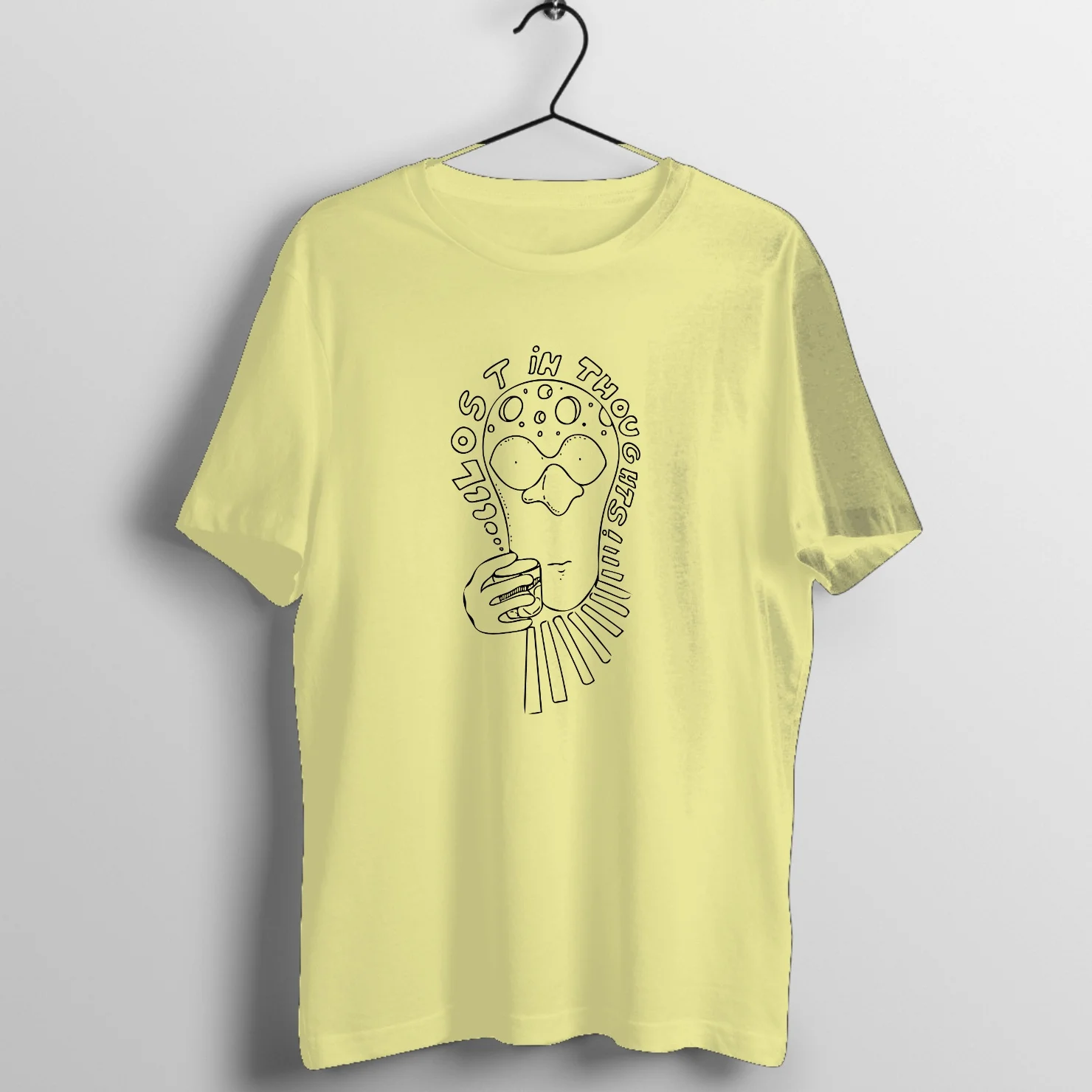 Skull hand tattoo design with 'Lost In Thoughts' text printed on premium rock music graphic t-shirt - Front Mockup