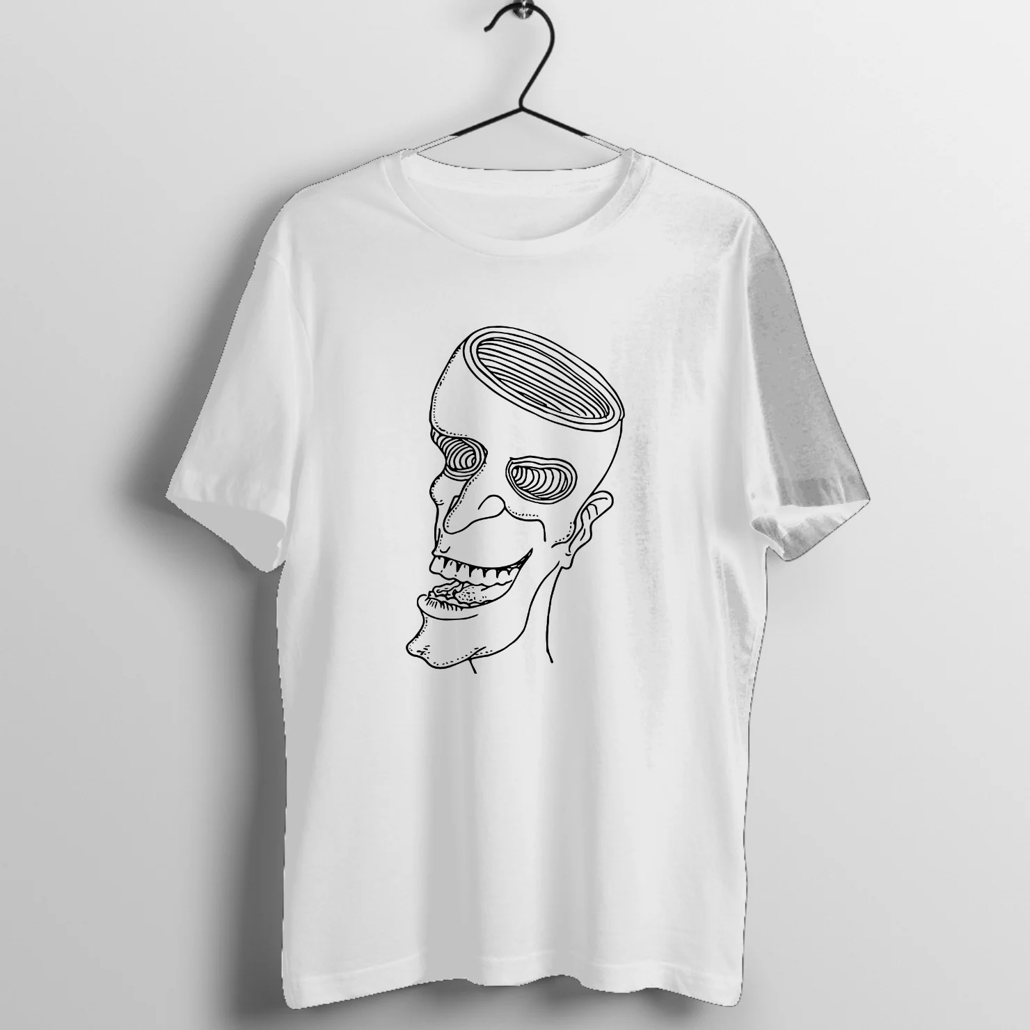 Intricate skull face with open mouth and exposed teeth graphic print on premium rock music graphic t-shirt - Front Mockup